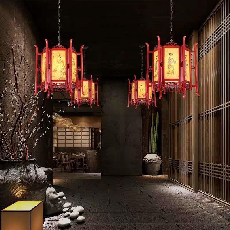中式实木宫灯餐厅酒店茶楼灯笼走廊门头古风建筑仿古羊皮木艺吊灯 - 图1