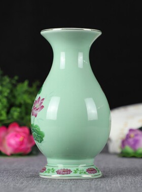 陶瓷花瓶摆件花插家居绿釉莲花供瓶荷花供瓶净水瓶