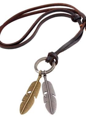 Genuine Leather Feather Necklace Leather Rope QNN1068Pendant