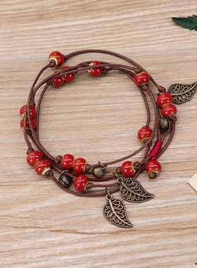 【小文精选青春派】复古波西米亚森系陶瓷手錬少女甜美铃铛叶子百