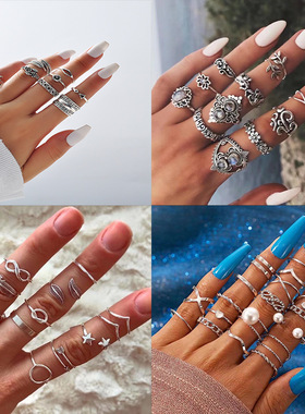 Euramerican hand jewelry retro zircon joint ring set戒指组套