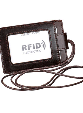 Genuine Leather Id Card Badge Holder with Lanyard RFID Block