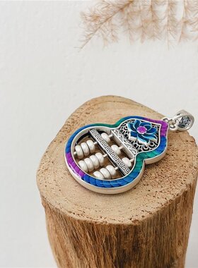 2023新品纯银珐琅民族风葫芦算盘吊坠双面复古国潮葫芦形精致小众