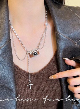 复古棕色相机流苏项链女高