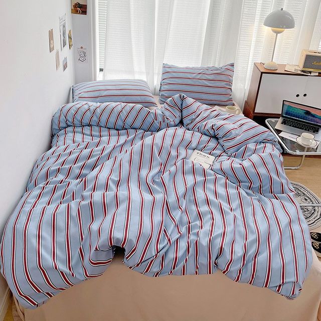 New Korean simple INS blogger style striped wash cotton four-piece set dormitory bed sheet Q quilt cover gift 1.8 bed