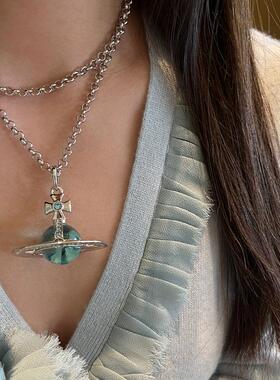 大号冰川蓝飞行士orb项链立体土星星球吊坠彩钻毛衣链长链