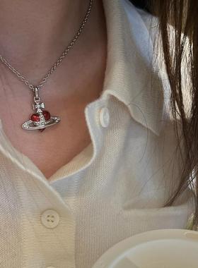 珐琅土星红色爱心项链黑色搪瓷心型项链朋克辣妹首饰