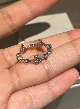 925纯银间隔紫色圆钻皇冠土星戒指高级感指环