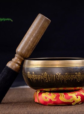 尼泊尔手工佛音碗瑜伽颂钵音y疗六字梵文金文静心钵瑜伽铜盂摆件
