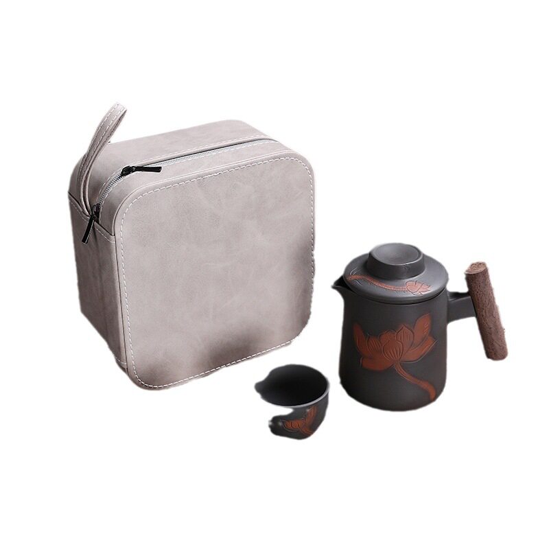 Travel tea set small purple pottery tea set anti-scalding portable teapot tea cup quick cup one pot two cups retro