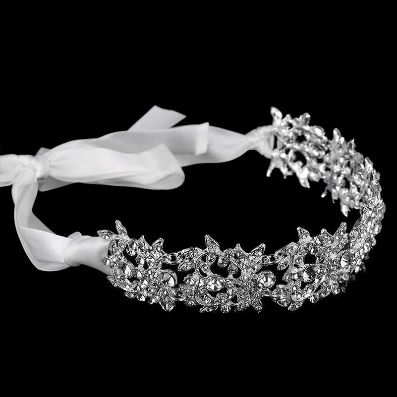 速发Handmade Crystal Flowers Ribbon Bridal Headband Tiara Cr-图1