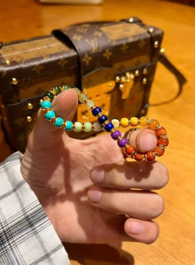 天然绿松石老型珠彩虹多宝手串镶金男女款单圈精品文玩手链送女友