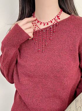 多层奢华红水滴流苏choker项链女2026年新款小众时尚气质锁骨链潮