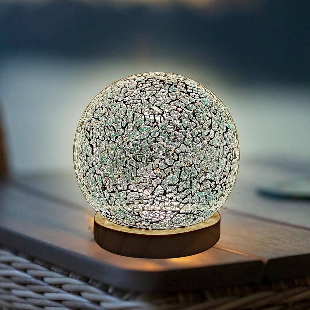 小夜灯绿色马赛克球灯木USB接口/充电触摸底座床头氛围灯家居装饰 - 图0