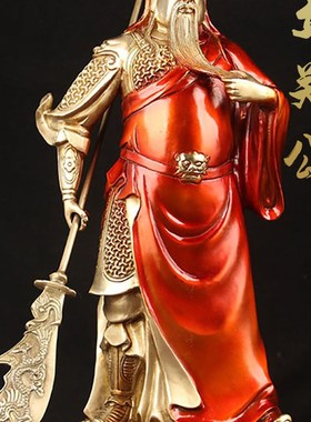 速发提绘红铜关公关件 彩刀捋胡须摆公摆件