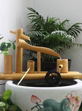 速发竹子流水器 鱼缸石槽鱼 客氧过滤 增厅摆件盆轮水车循环流水