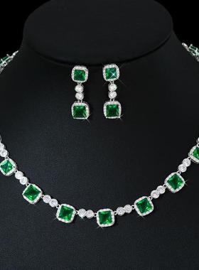 项链锆石套装耳环新娘礼服配饰晚宴宝石简约婚纱方形首饰欧美感链