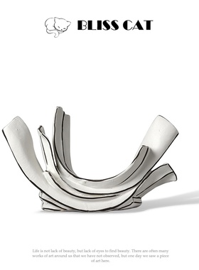 极速新中式日式艺术月牙弧形浪花手工白色陶瓷摆件样板间玄关雕塑