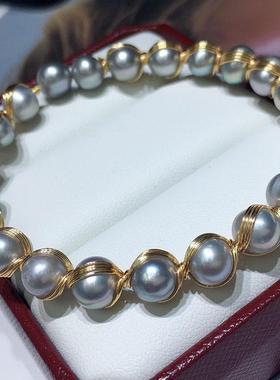 珍珠天然金手镯淡水包百搭手工绕时尚女14k手錬简约气质线款复古