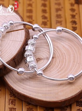 纯银宝宝手镯s990足银六字真言亲子款转运珠镯子男女小孩饰品镯子