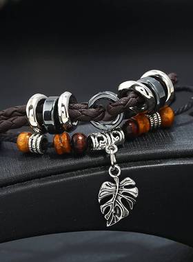 -Fashion Personality Leather Multilayer Woven Leaf Pendant M