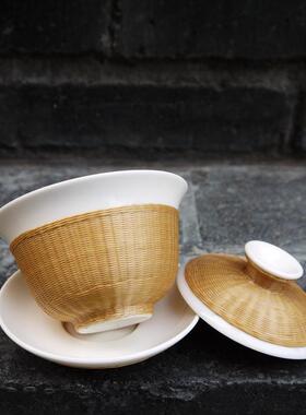 成都非遗手工竹丝扣瓷茶杯瓷胎竹编盖碗功夫茶具非遗特色三才盖碗