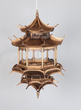 新中式日式古铜色八角亭古建筑镜像倒影枯O山水造景玄关会所吊饰