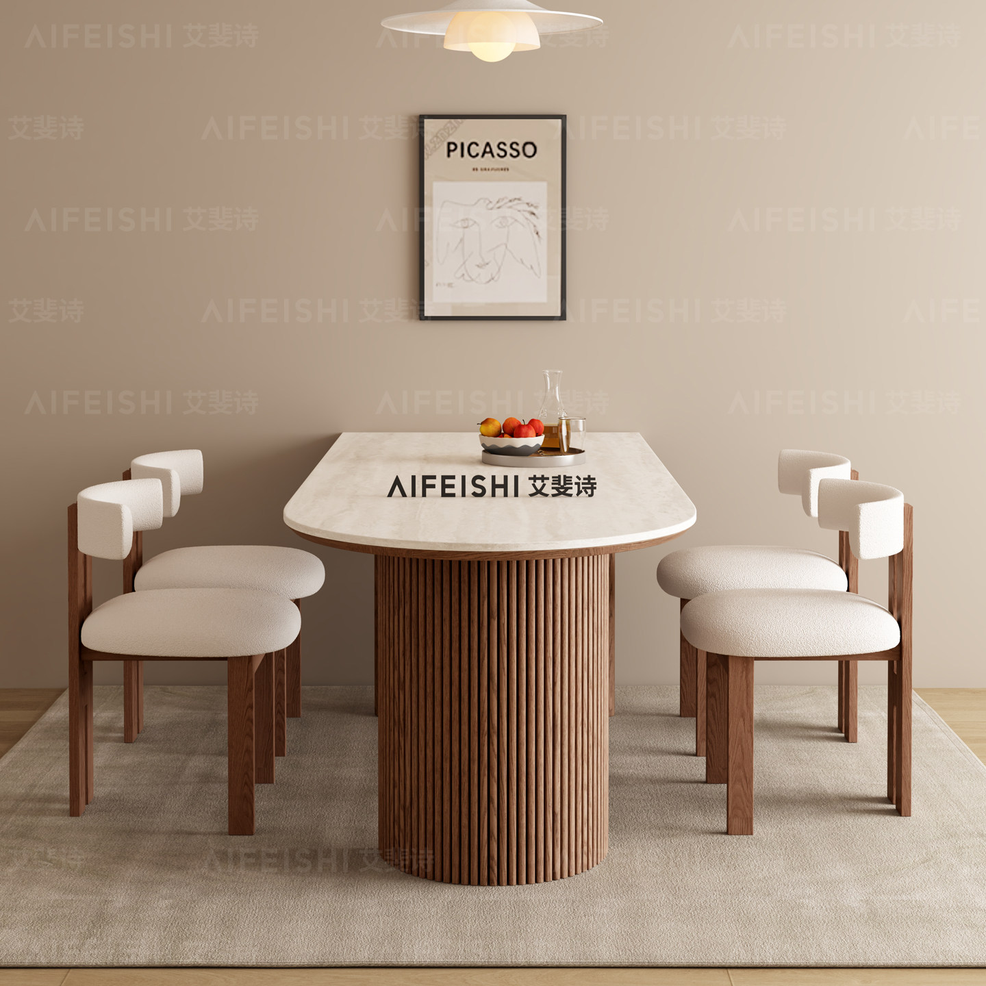 德利丰岩板洞石法式中古奶油风白蜡木客厅餐桌小户型靠墙半岛形桌,淘宝优惠券,粉丝福利购,淘宝优惠卷