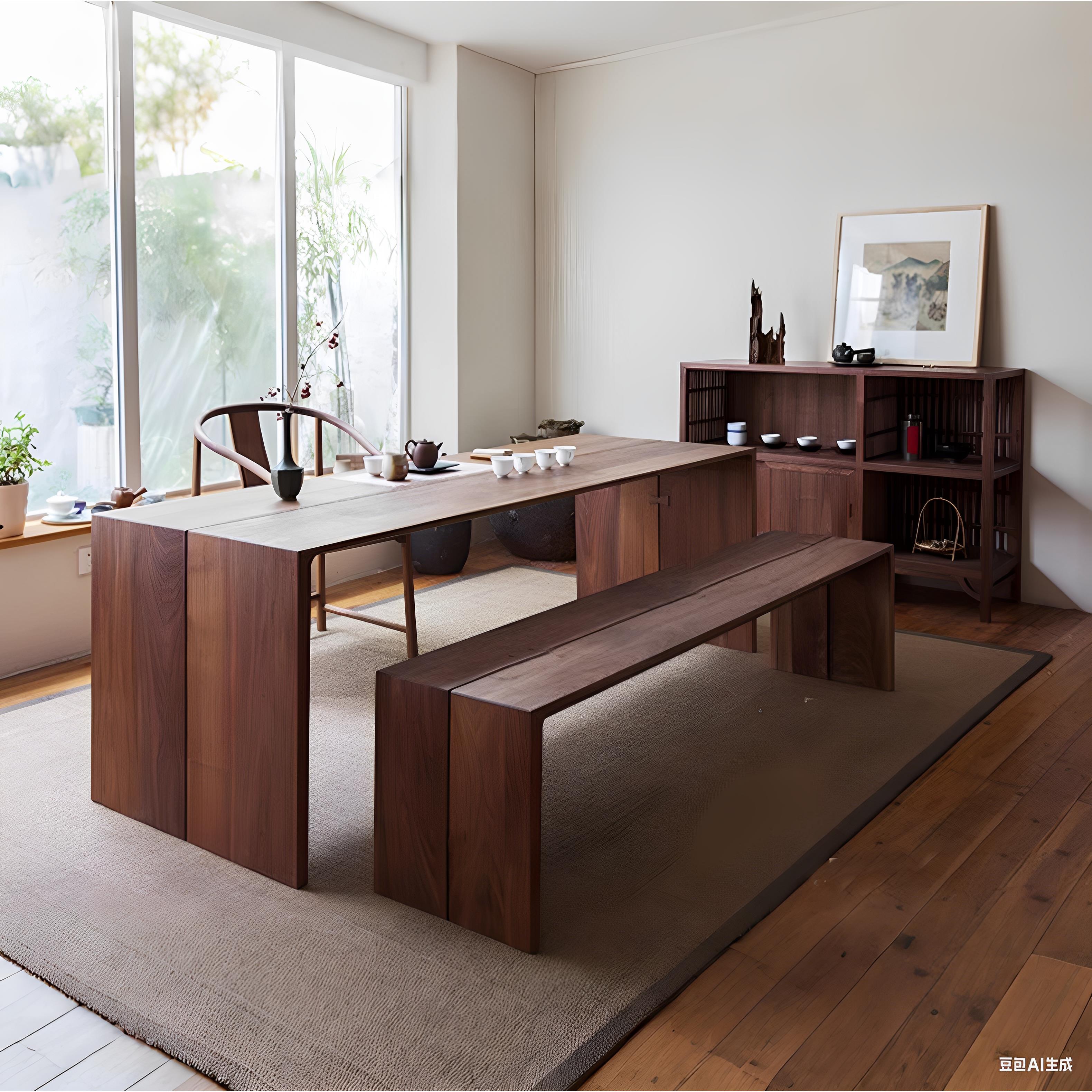 新中式餐桌书桌茶桌实木设计师整装一体茶台茶室极简泡茶桌椅组合 - 图0