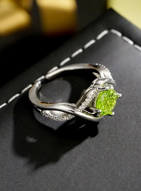 网络爆款简约简单小众设计精致绿色锆石点缀开口可调节戒指