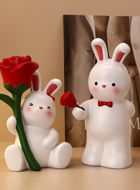 可爱玫瑰情侣兔摆件送新人朋友z闺蜜新婚订婚客厅卧室床头柜装饰