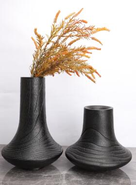 现代简约客厅样板房茶几桌面花瓶装饰品黑色木纹插花花器树脂摆件