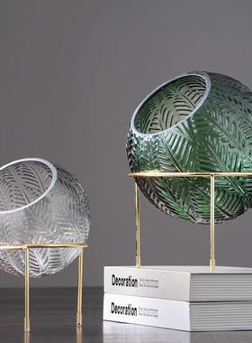 北欧风创意家居饰品艺术品客厅铁艺支架球形玻璃花瓶水培轻奢摆件