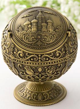 复古创意时尚金属工艺品球形地球仪装饰带盖烟灰缸家居客厅摆件礼