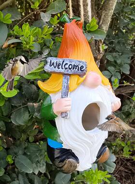 户外庭院白胡子侏儒喂鸟器摆件花园草坪树脂装饰品摆设工艺品挂件