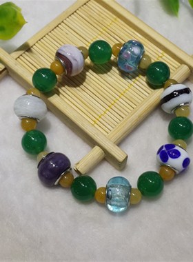 天然巴西深绿色玉髓搭配路路通配饰黄翡手錬手串佛串佛珠 男女款