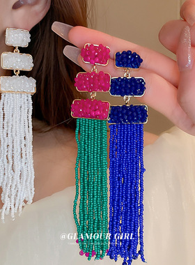 东大门压克力米珠流苏耳环欧美夸张大气耳坠时尚气质百搭耳饰