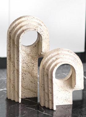 侘寂复古仿洞石不规则拱形圆洞摆件酒店玄关书柜样板间装饰工艺品