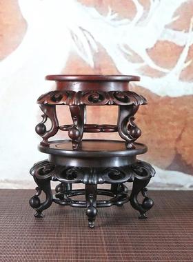 天然红木紫光檀红酸枝花架花瓶盆景茶壶奇玉石头实木质圆形底座