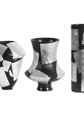 现代新中式手工陶瓷银莲回灰罐形花器花瓶创意摆件桌面餐厅样板间