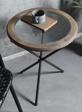 美式复古工业风铁艺茶几家居实木边几I橡木角几咖啡桌子玻璃简约