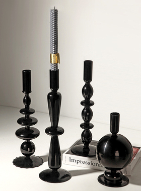 新古典简美c欧式家居客厅餐桌装饰黑色玻璃蜡烛台浪漫软装饰品摆