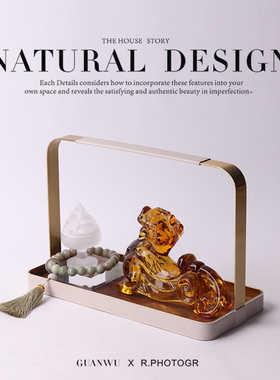 极速新中式金属胡桃木皮革托盘摆件展厅样版房间样品屋展示中心大