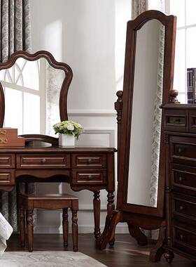 美式复古实木全身镜家用试衣镜穿衣镜法式复古带储物欧式落地镜