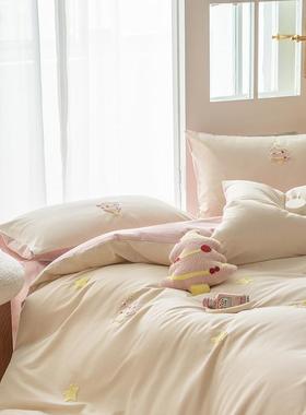 秋冬卡通风100s全棉磨毛床上三四件套可爱毛巾绣纯棉床单被套床品