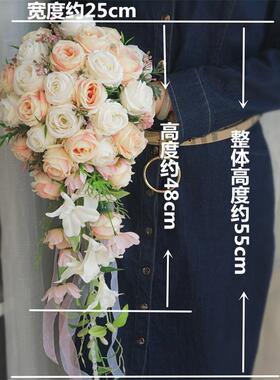 仿真新娘手捧花水滴瀑布下垂韩式粉白玫瑰绢花婚庆用品外销