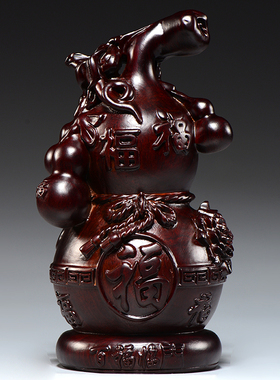 黑檀实木质雕刻葫芦摆件客厅家居玄关摆J设装饰红木工艺品乔迁送