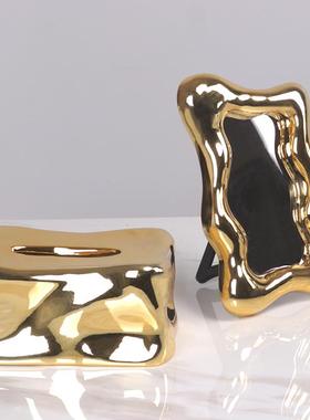 电镀树脂摆件北欧现代简约冰块装饰镜几何桌面抽纸巾盒组合装饰品