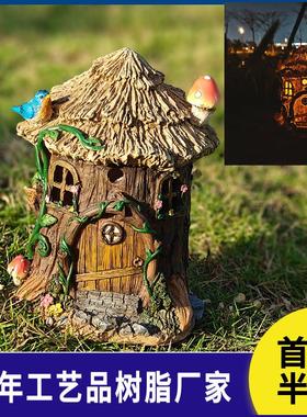 太阳能树脂户外花园灯景观造景仿真树脂房子小摆件庭院装饰小夜灯