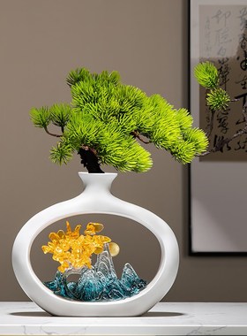 速发茶桌新晶式风格摆件迎客松花插博古架黄水中客财家居招厅装饰